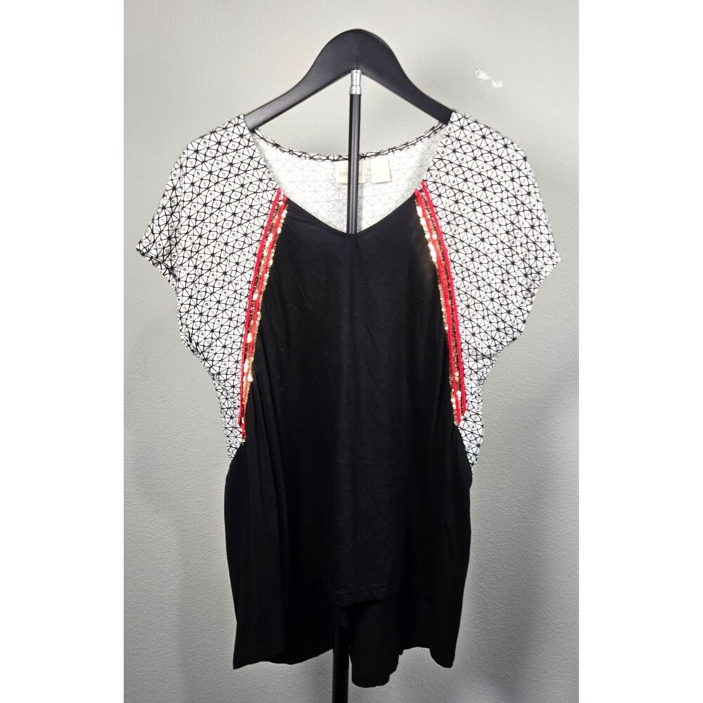 Chico's Size 1 Black Geometric Tunic Top Sequin Trim Modal Blend Boho Shirt